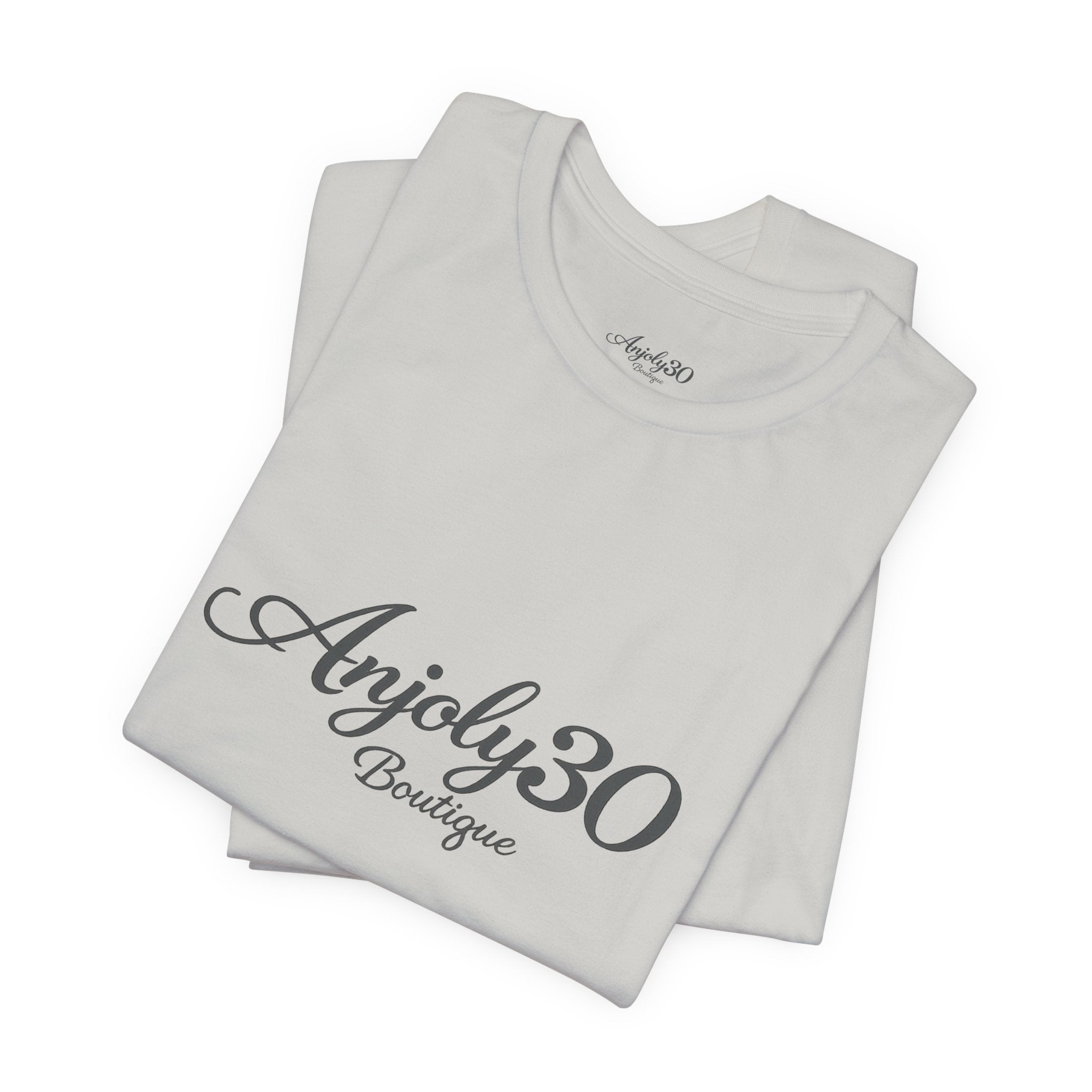 Anjoly30 Boutique Logo Tee – Elegant Script Short Sleeve T-Shirt
