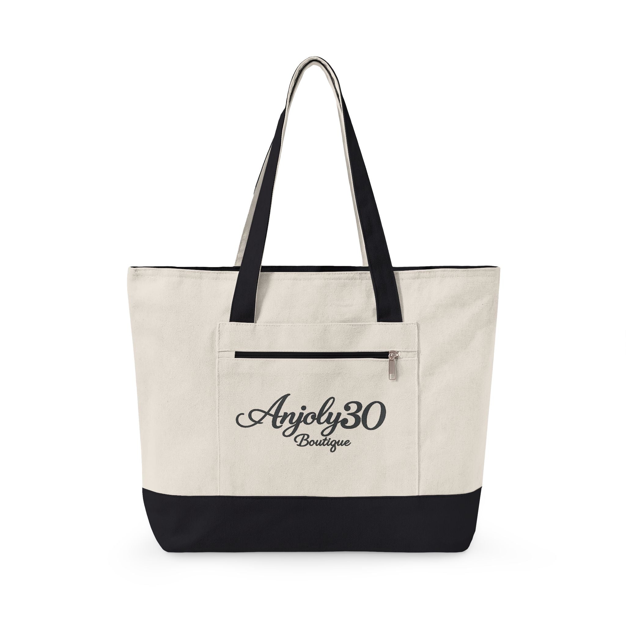 Canvas Tote Bag — 'Anjoly30 Boutique' Zippered Front Pocket Tote