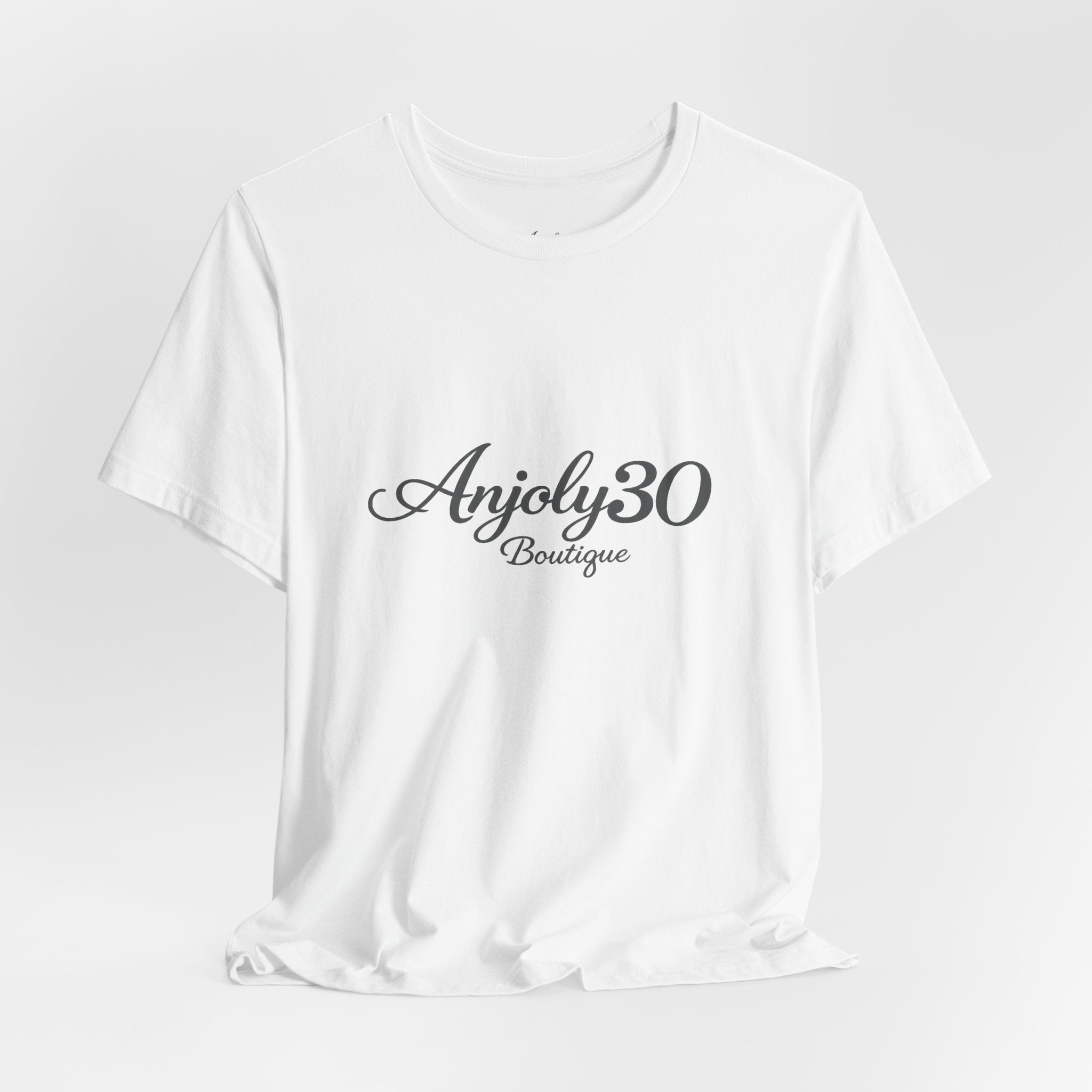 Anjoly30 Boutique Logo Tee – Elegant Script Short Sleeve T-Shirt