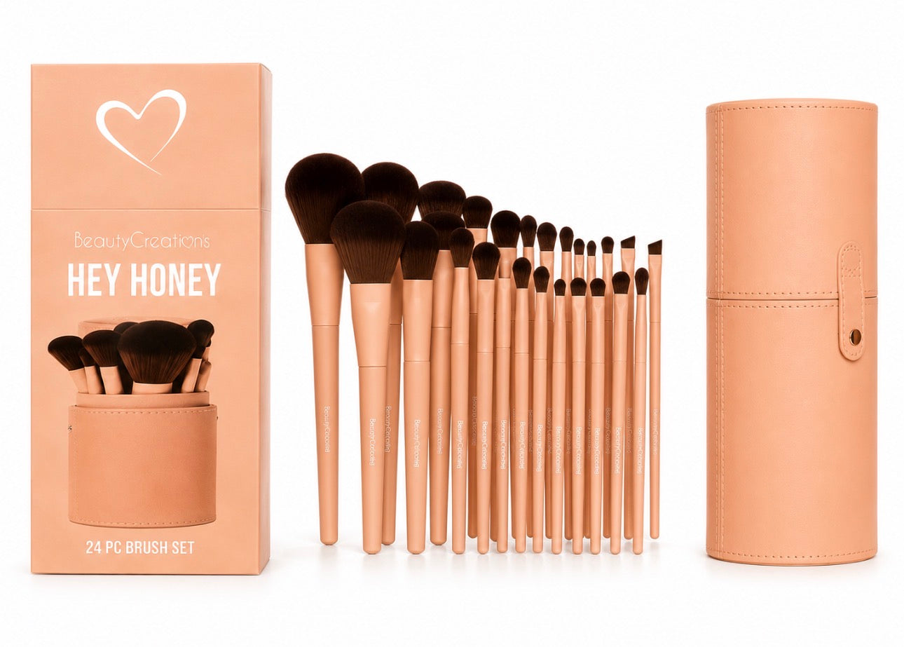 Beauty Creations Hey Honey 24 PC makeup brush set with rose gold handles and vegan leather cylinder case