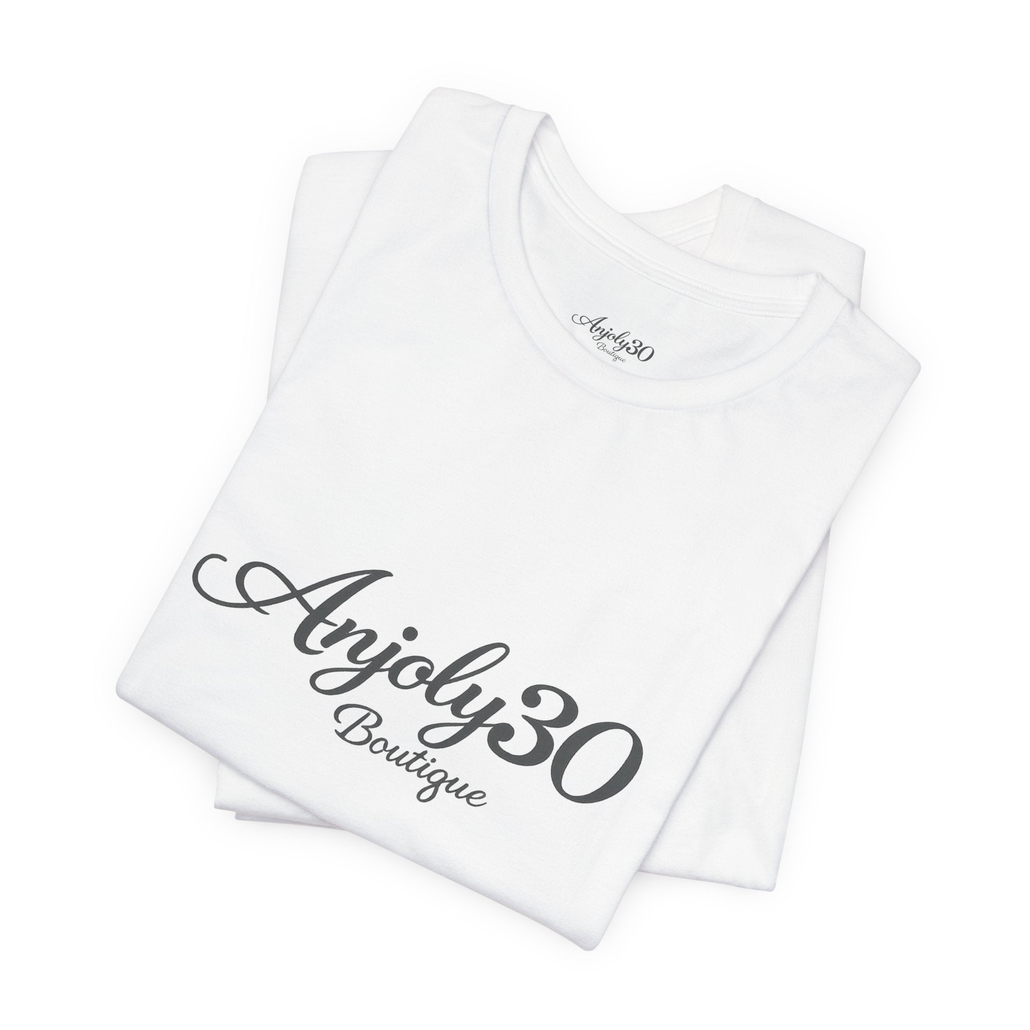 Anjoly30 Boutique Logo Tee – Elegant Script Short Sleeve T-Shirt