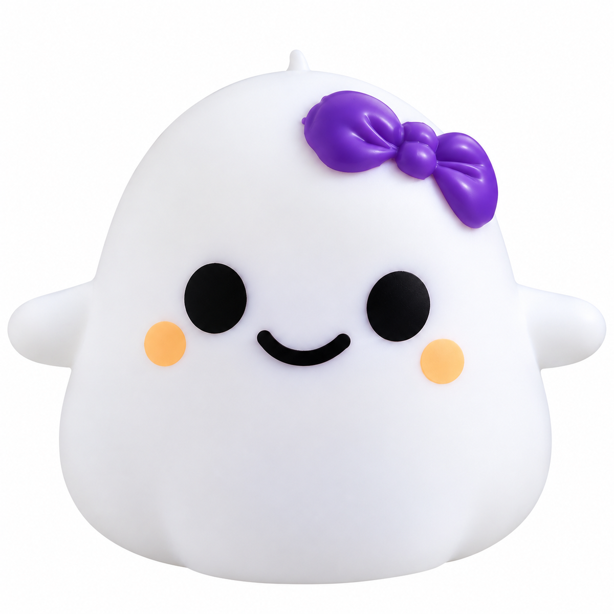 Cute white ghost squishy with purple bow and smiling face