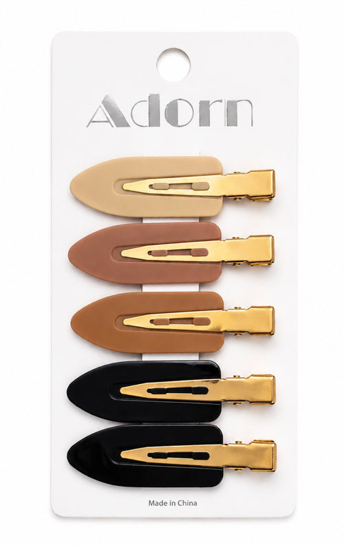 Adorn 5-pack no-crease snap hair clips in cream, brown, and black with gold hardware