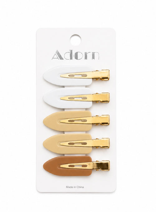 Adorn 5-pack no-crease snap hair clips in white, cream, and brown with gold hardware