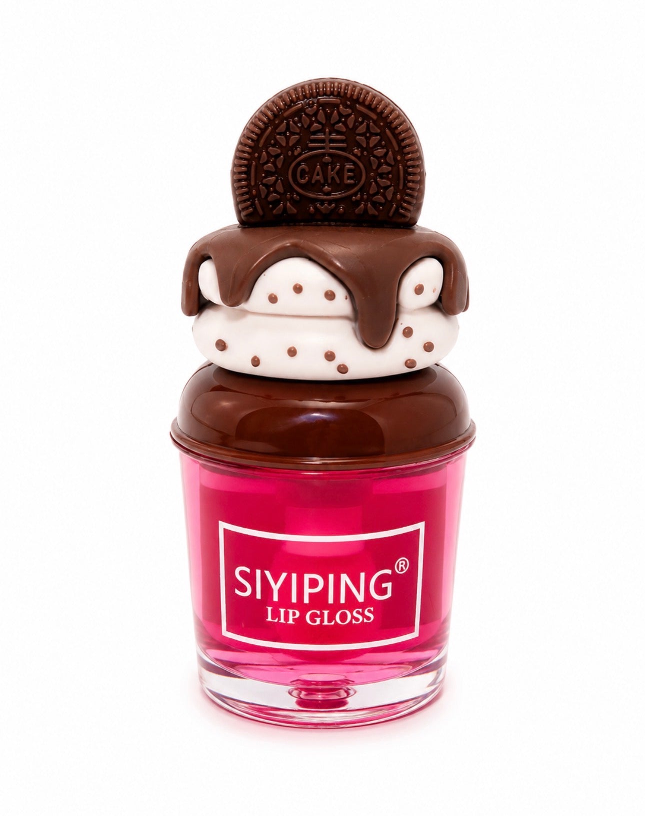 Siyiping Cake Cookie and Chocolate Mini Lip Gloss with Oreo-style cookie topper and pink bottle