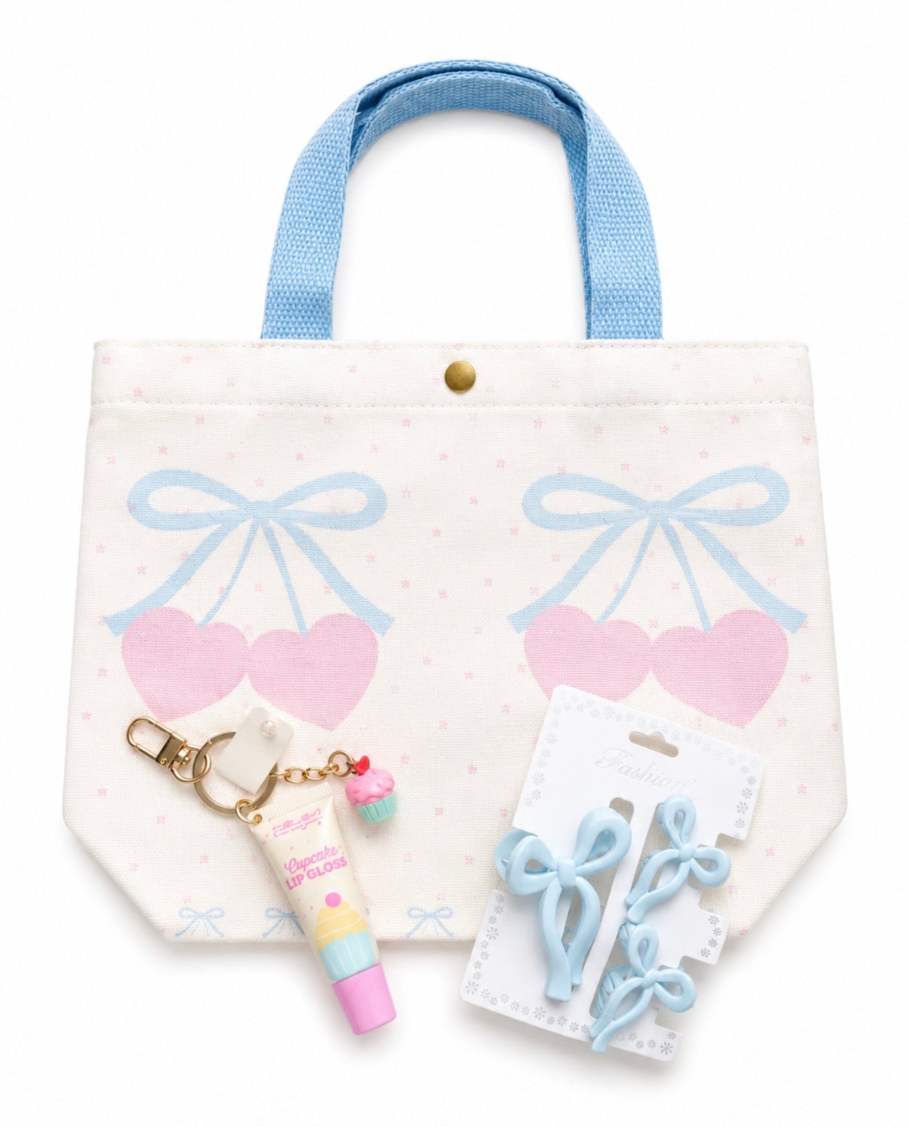 Little Diva Blue Hearts Mini Tote Gift Set with blue bow claw clips and keychain lip gloss