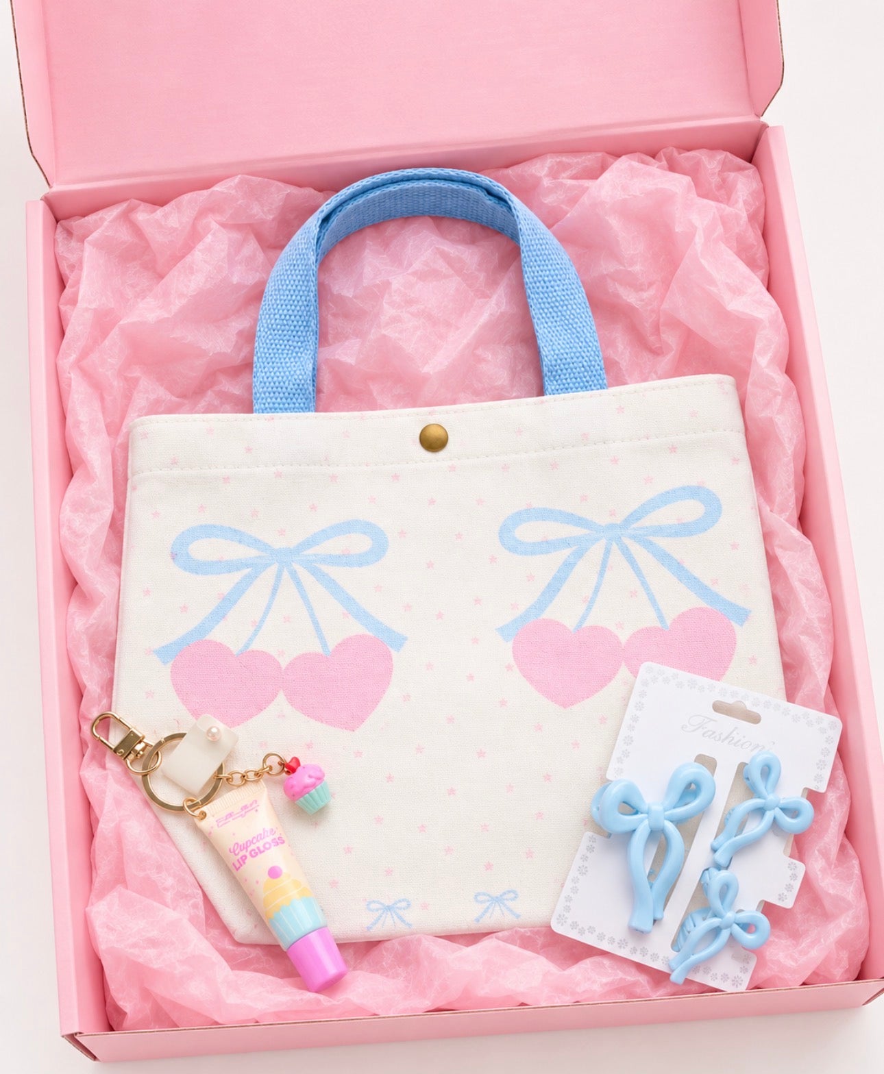 Little Diva Blue Hearts Mini Tote Gift Set in pink gift box with tissue paper
