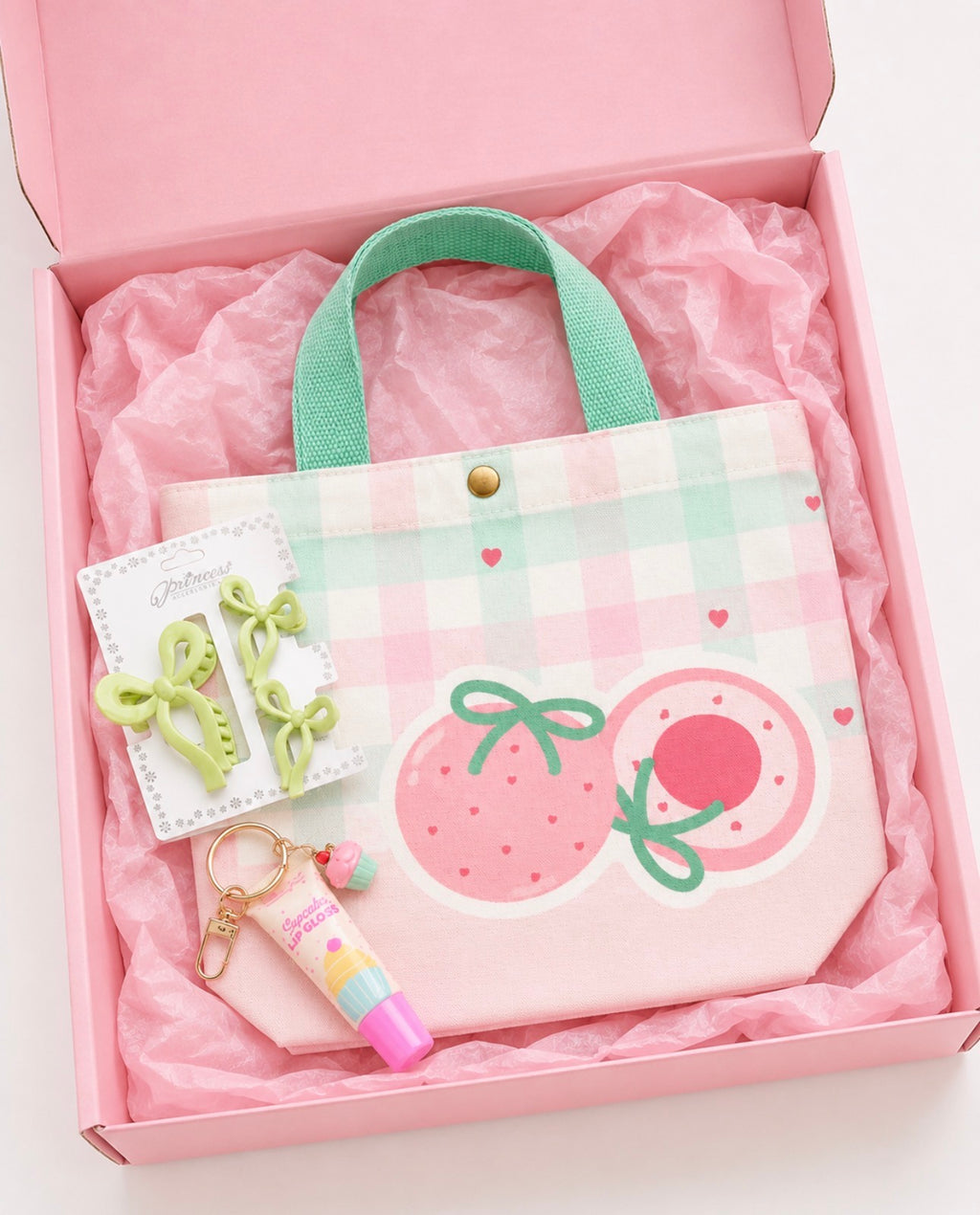 Little Diva Strawberry Mini Tote Gift Set in pink gift box with tissue paper