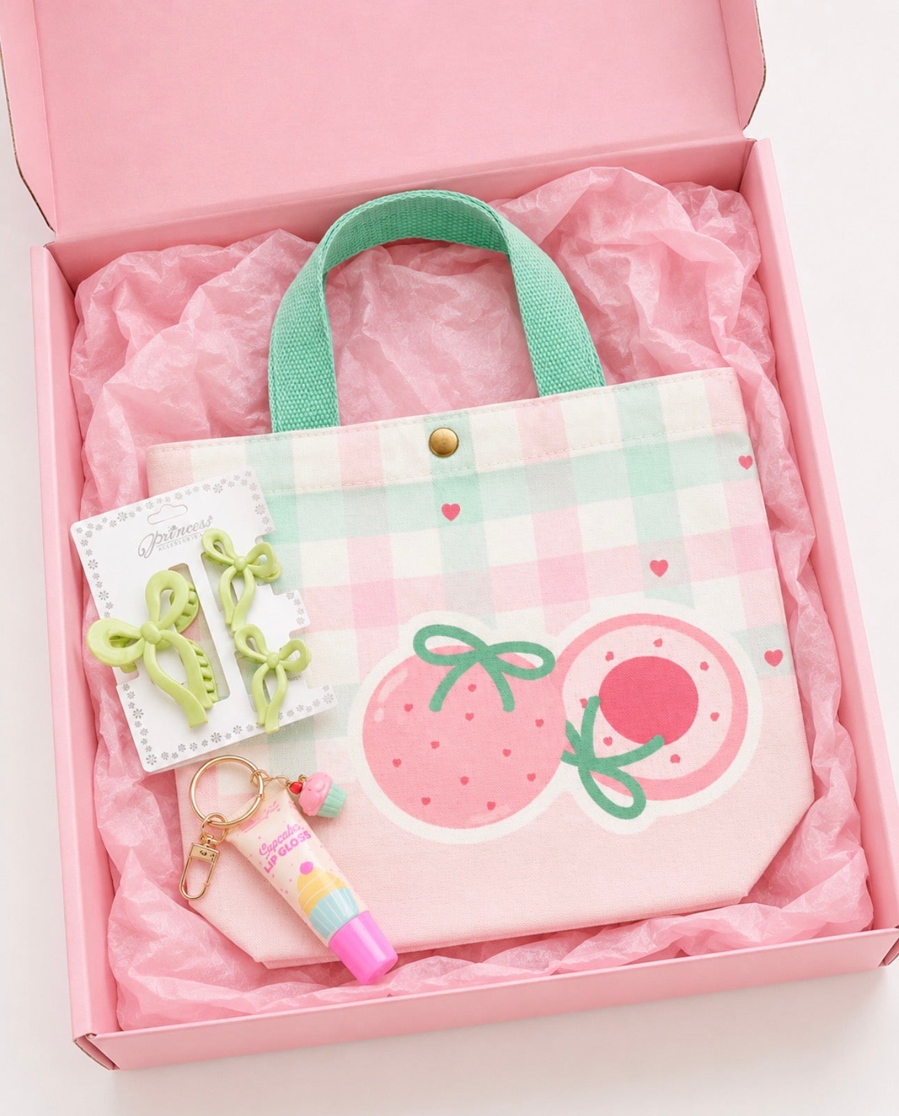 Little Diva Strawberry Mini Tote Gift Set in pink gift box with tissue paper
