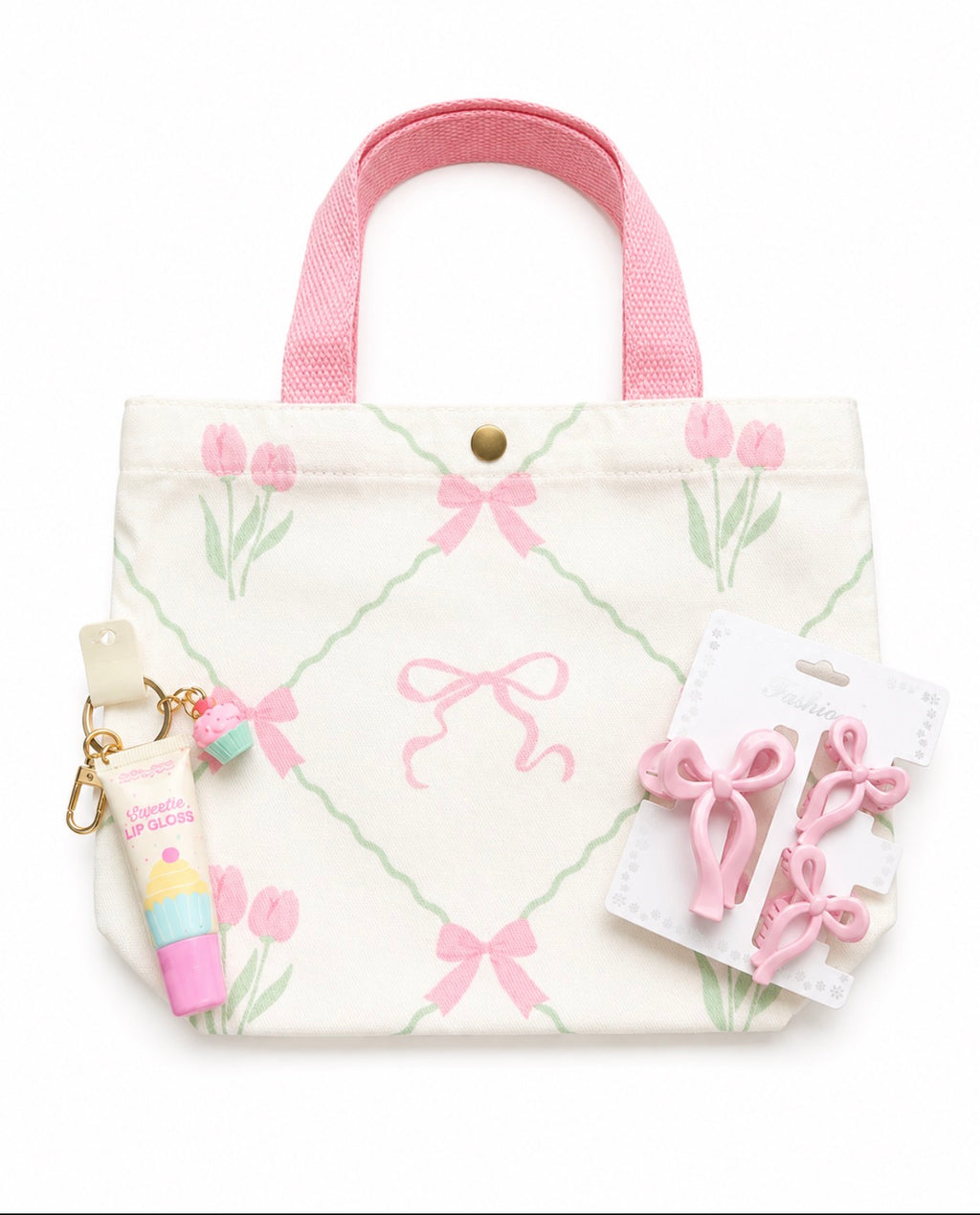 Little Diva Mini Tote Gift Set with pink bow claw clips and keychain lip gloss