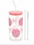 Pink Disco Ball & Bow Glass Mason Jar with Lid and Straw