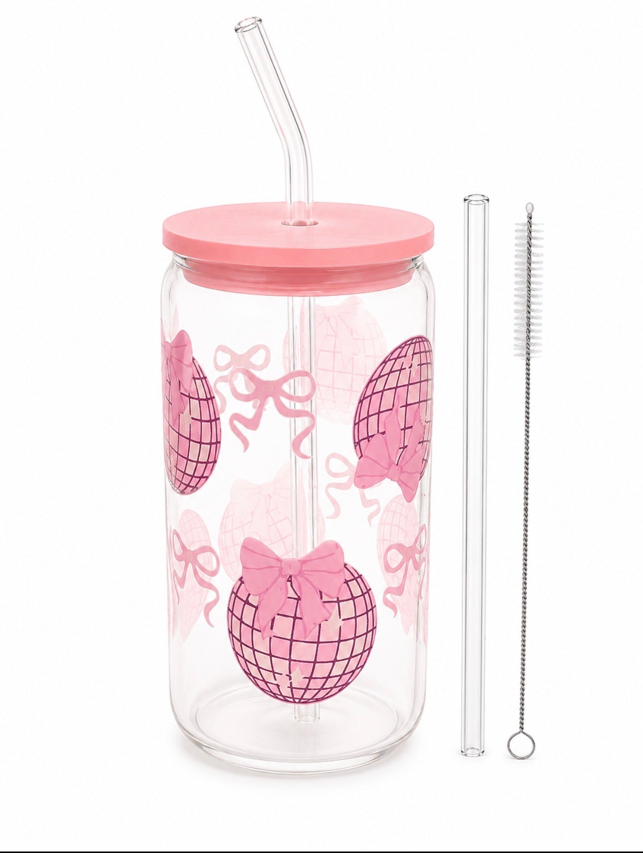 Pink Disco Ball & Bow Glass Mason Jar with Lid and Straw