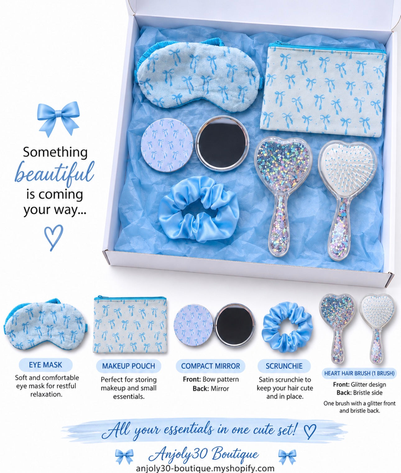 Blue bow beauty gift box with eye mask, makeup pouch, compact mirror, scrunchie and heart hair brush