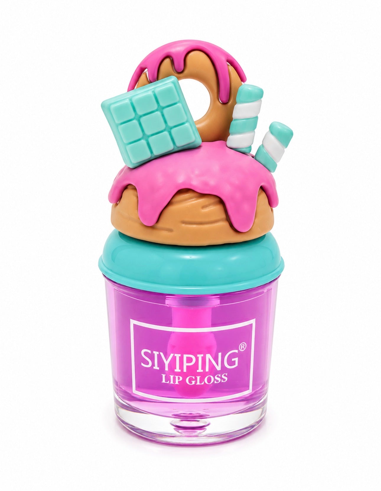 Siyiping Donut and Candy Mini Lip Gloss with pink donut and mint candy novelty cap in purple bottle