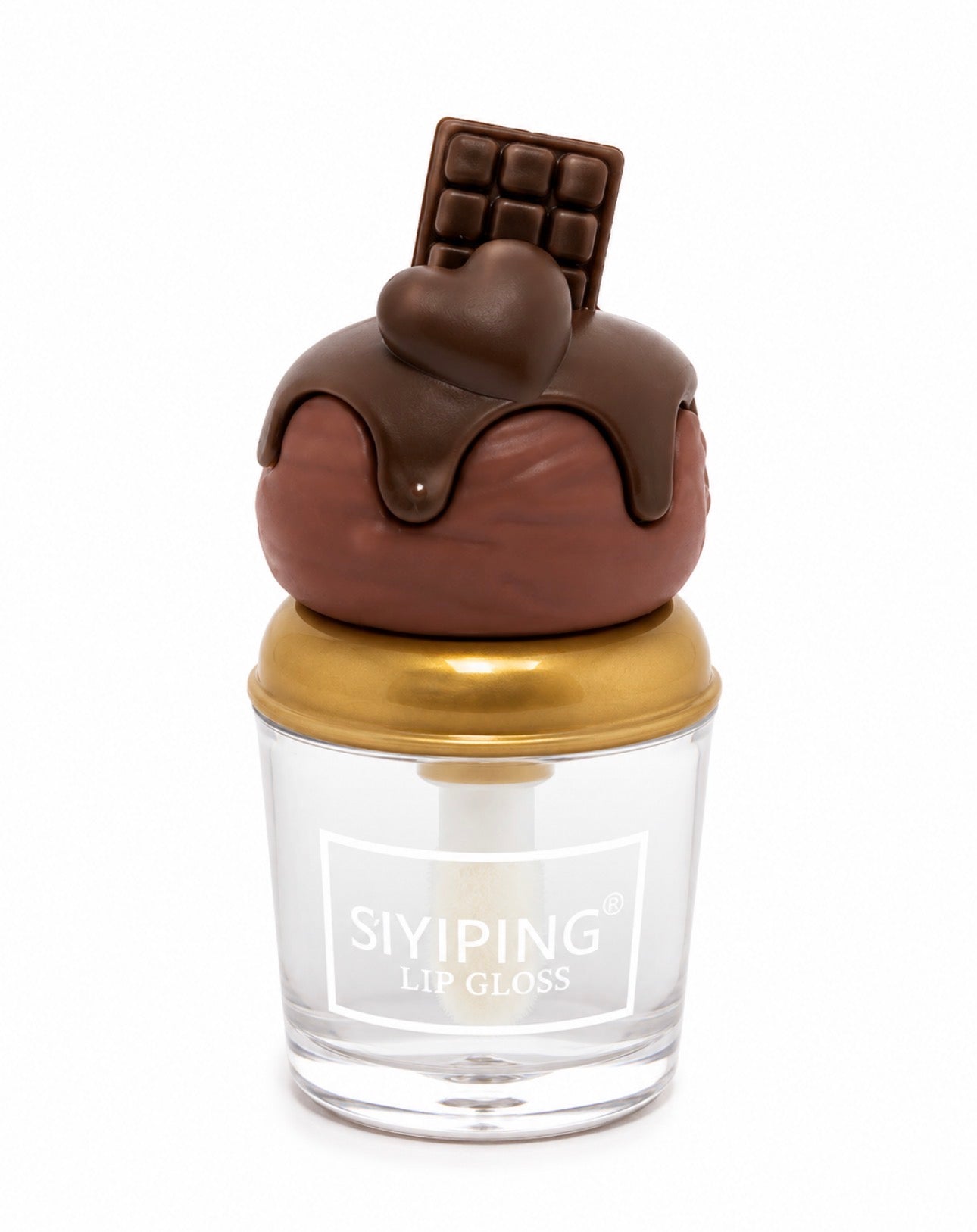 Siyiping Hot Fudge Mini Lip Gloss with chocolate drizzle novelty cap and gold lid