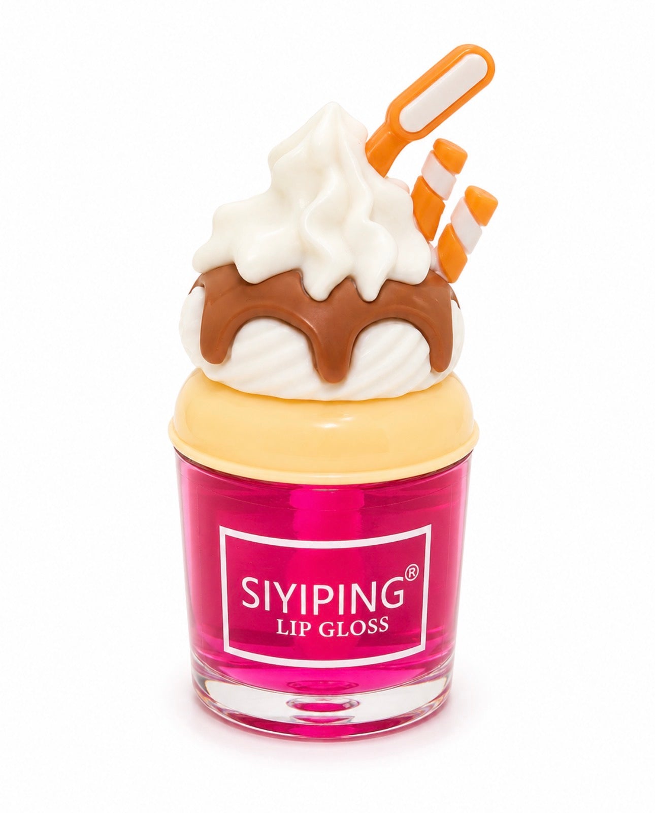 Siyiping Milkshake and Whipped Cream Mini Lip Gloss with caramel candy sticks and hot pink bottle
