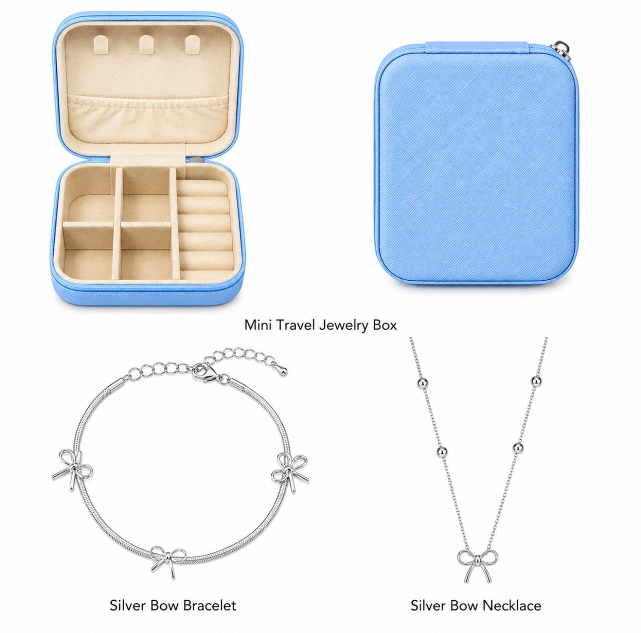 Silver bow necklace, bracelet and mini travel jewelry box components