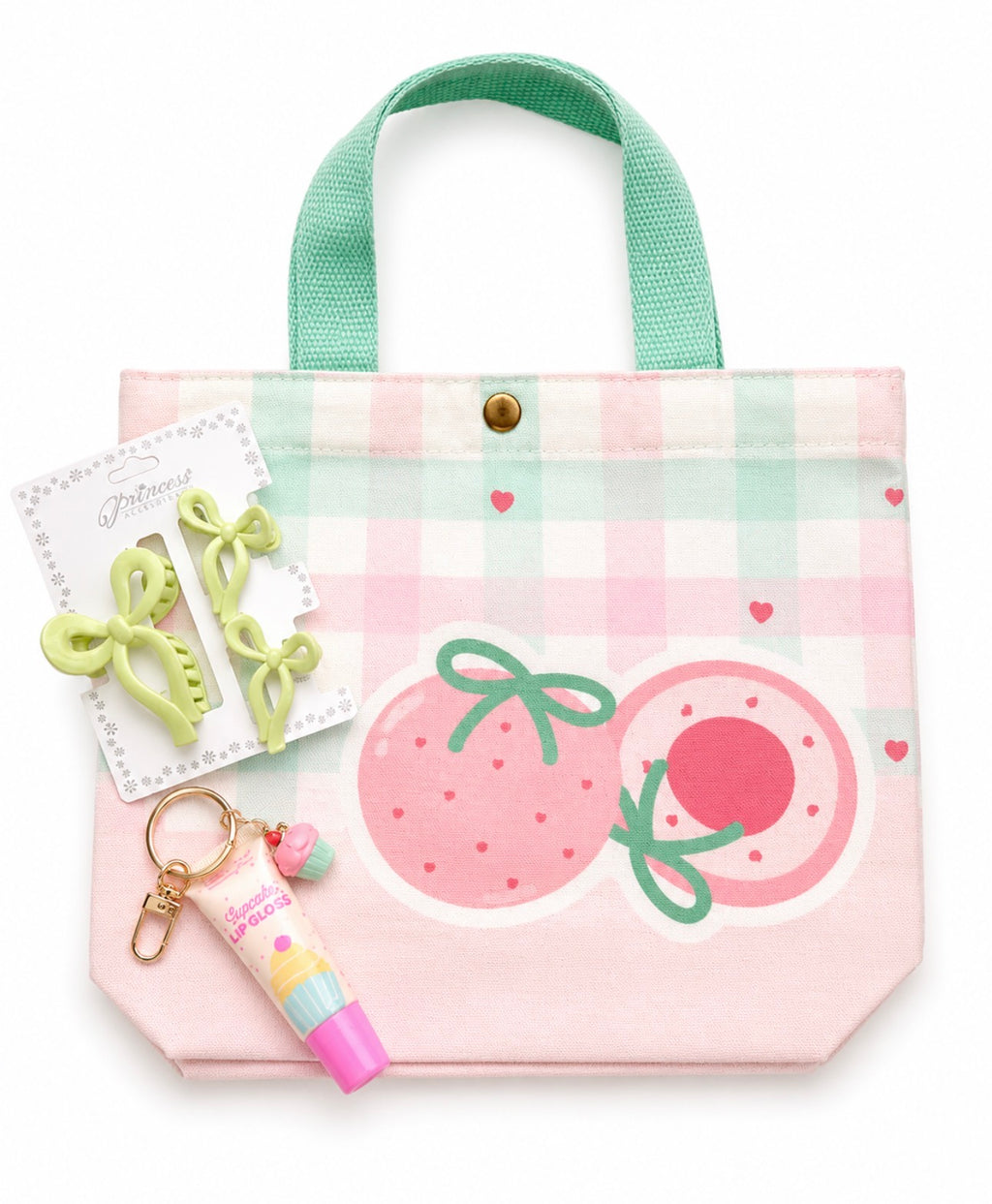 Little Diva Strawberry Mini Tote Gift Set with green bow claw clips and keychain lip gloss
