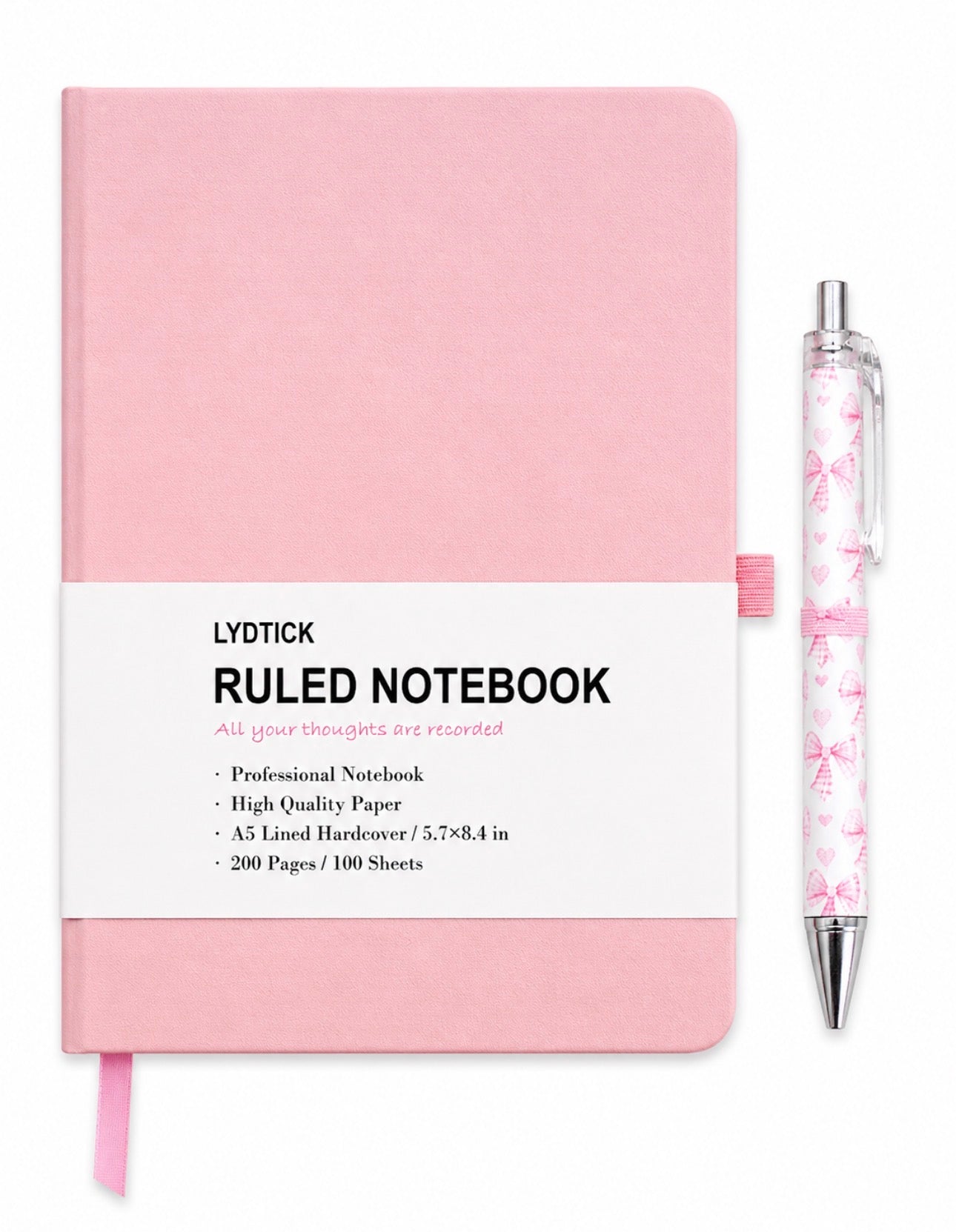 Lydtick Pink Ruled Notebook & Bow Pen Set